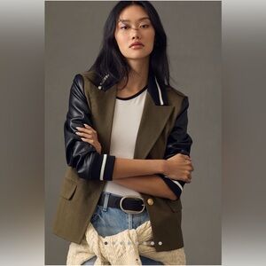 Anthropologie Avec Les Filles Mixed Media Blazer Olive Green Leather Sleeves NWT